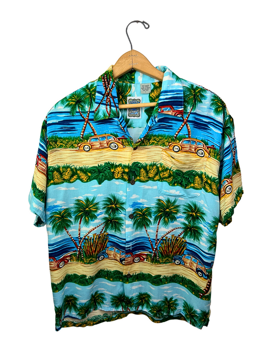 90’s Aloha Hawaiian Palm Tree Woody Wagon Beach Shirt Size M