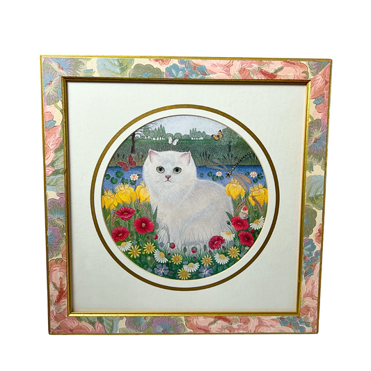 80’s Sharon Jervis Country Cat Framed Watercolor 15 x 15