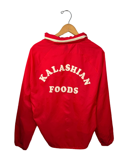 70's KALASHIAN FOODS Sears Flocked Lettering Foldable Hood Nylon WINDBREAKER Jacket Size Small