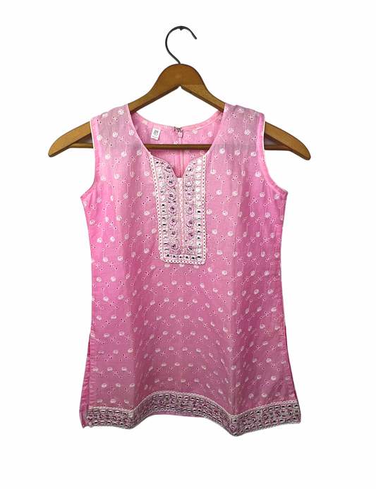 90’s Pink Eyelet Embroidered Lucknowi Chikankari Kurta Tank Top
