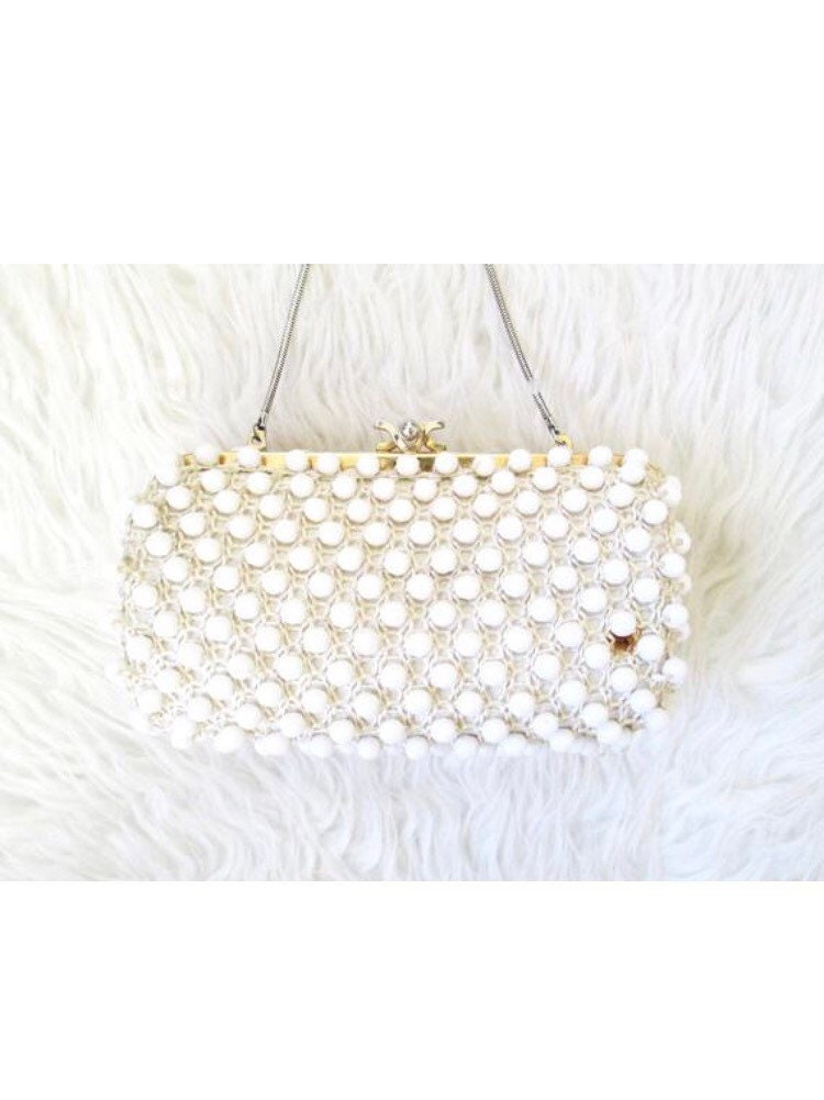 Vintage 60s Jana Wicka Weave White Glads Beaded Purse Handbag