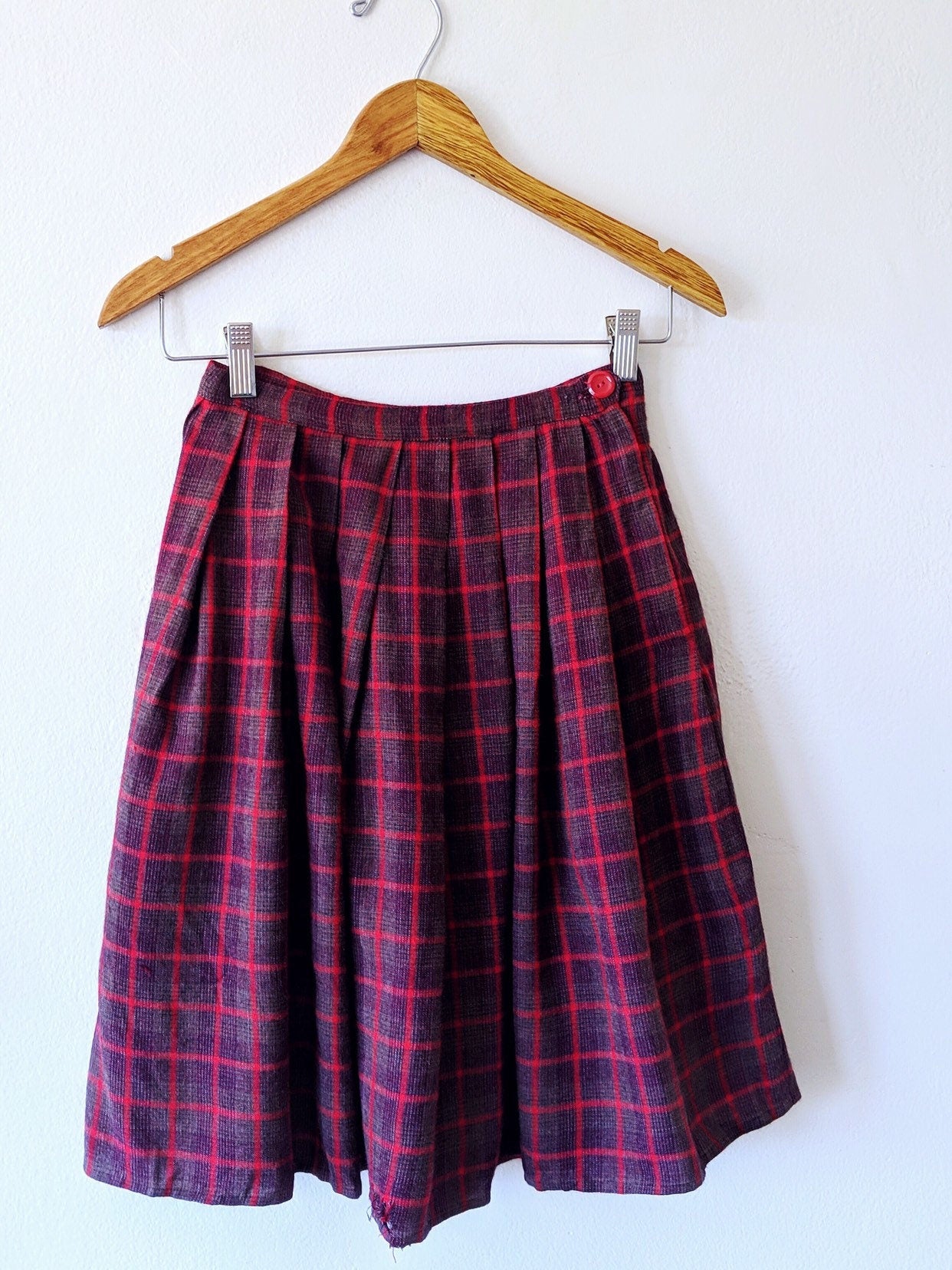 50's Red PLAID Tartan Knee Length School-Girl WOOL Skirt Sz 24