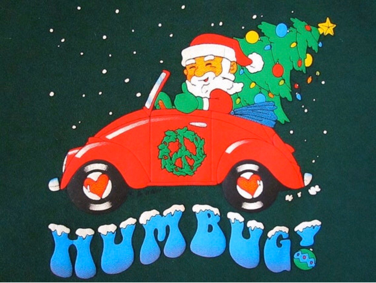 Vintage 90's HUMBUG Bah Humbug Volkswagen Bug HIPPIE Peace SANTA Stoner Ugly Christmas Holiday 50/50 Sweatshirt Size Large