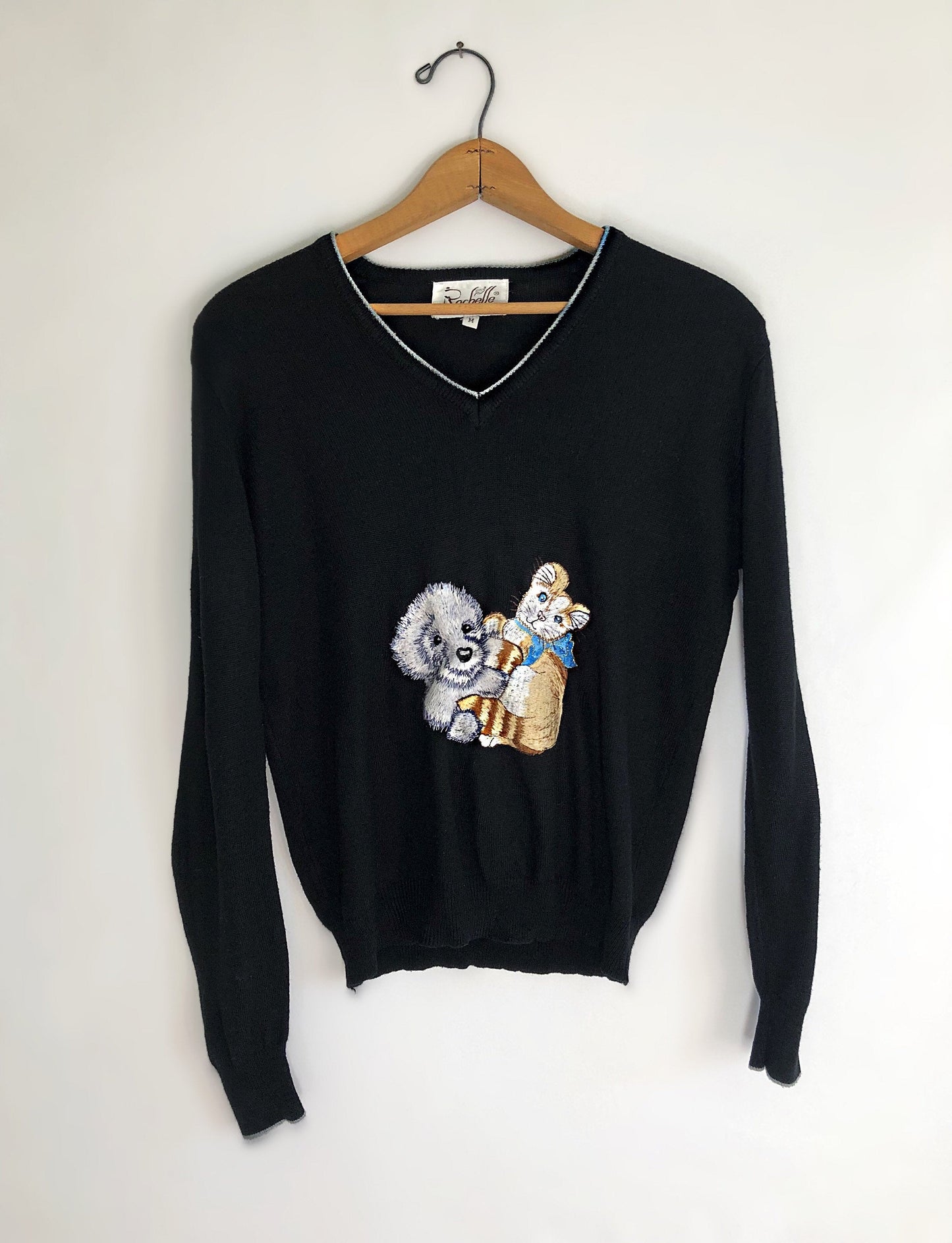 60’s Bestie DOG & CAT V-Neck Fine Art Sweater Size Small/Medium