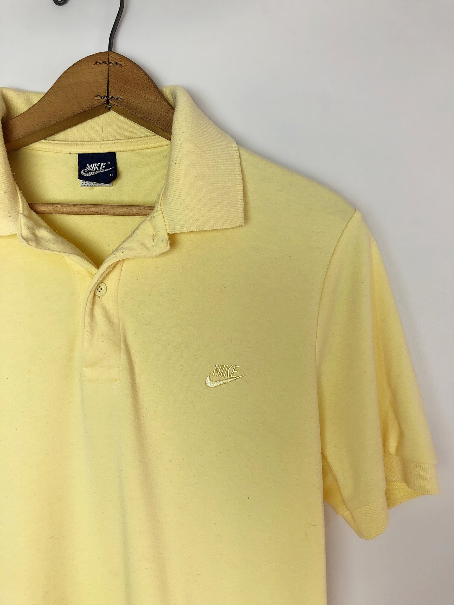 Vintage 80’s NIKE Swoosh Logo Blue Label Butter Yellow Cotton Henley Polo Size Small
