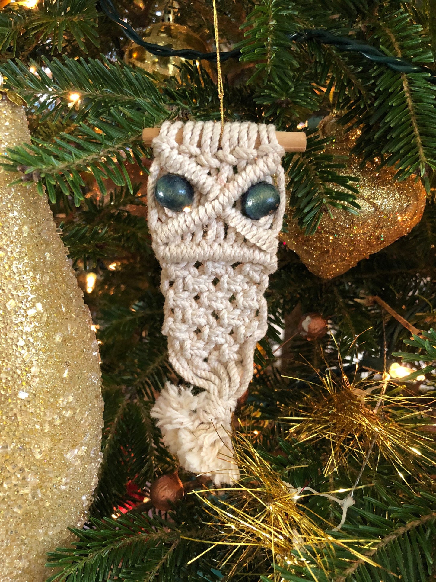 Vintage 70’s Handmade Macramé Owl Boho Ornament