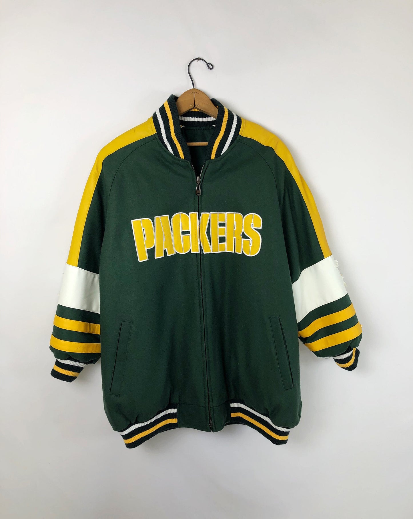 Vintage 90’s Green Bay PACKERS Football REVERSIBLE Leather & Wool Wear it Two Ways Jacket Size 2XL
