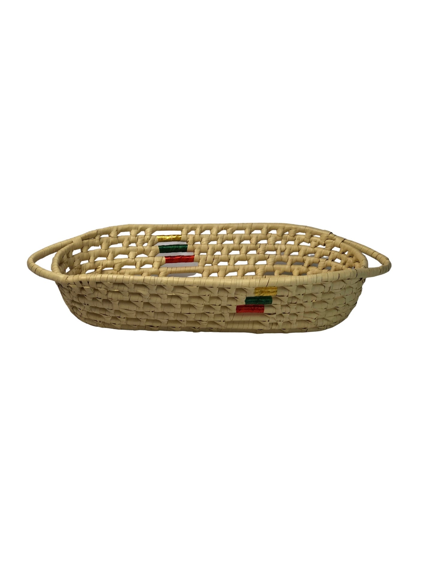 Vintage 80’s Straw Long Catchall Basket with Handles Boho Home Decor 16 x 3.5 x 3