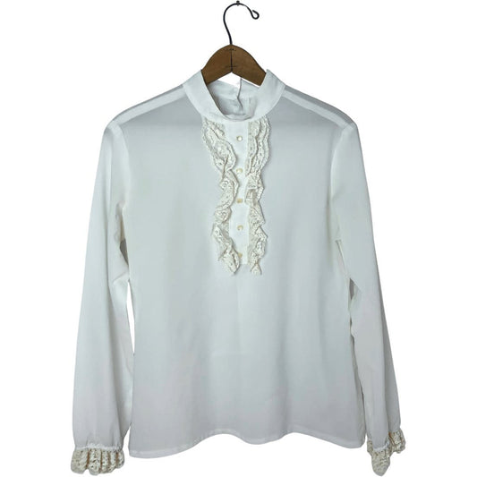 50’s White Lace Delicate Silk Ruffle Button Up Blouse Size M