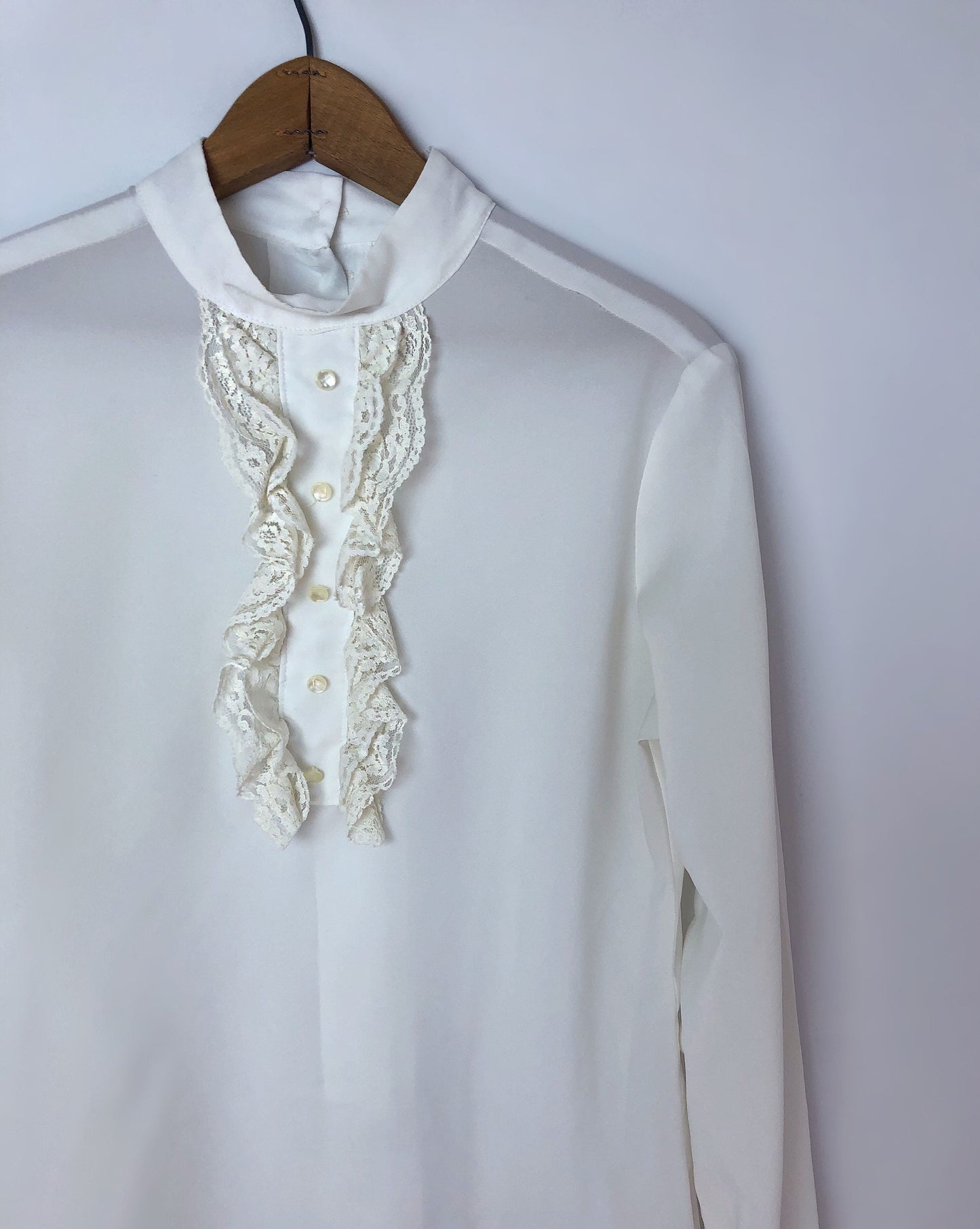 Vintage 50’s White Lace Delicate Silk Ruffle Button Up Blouse Size M