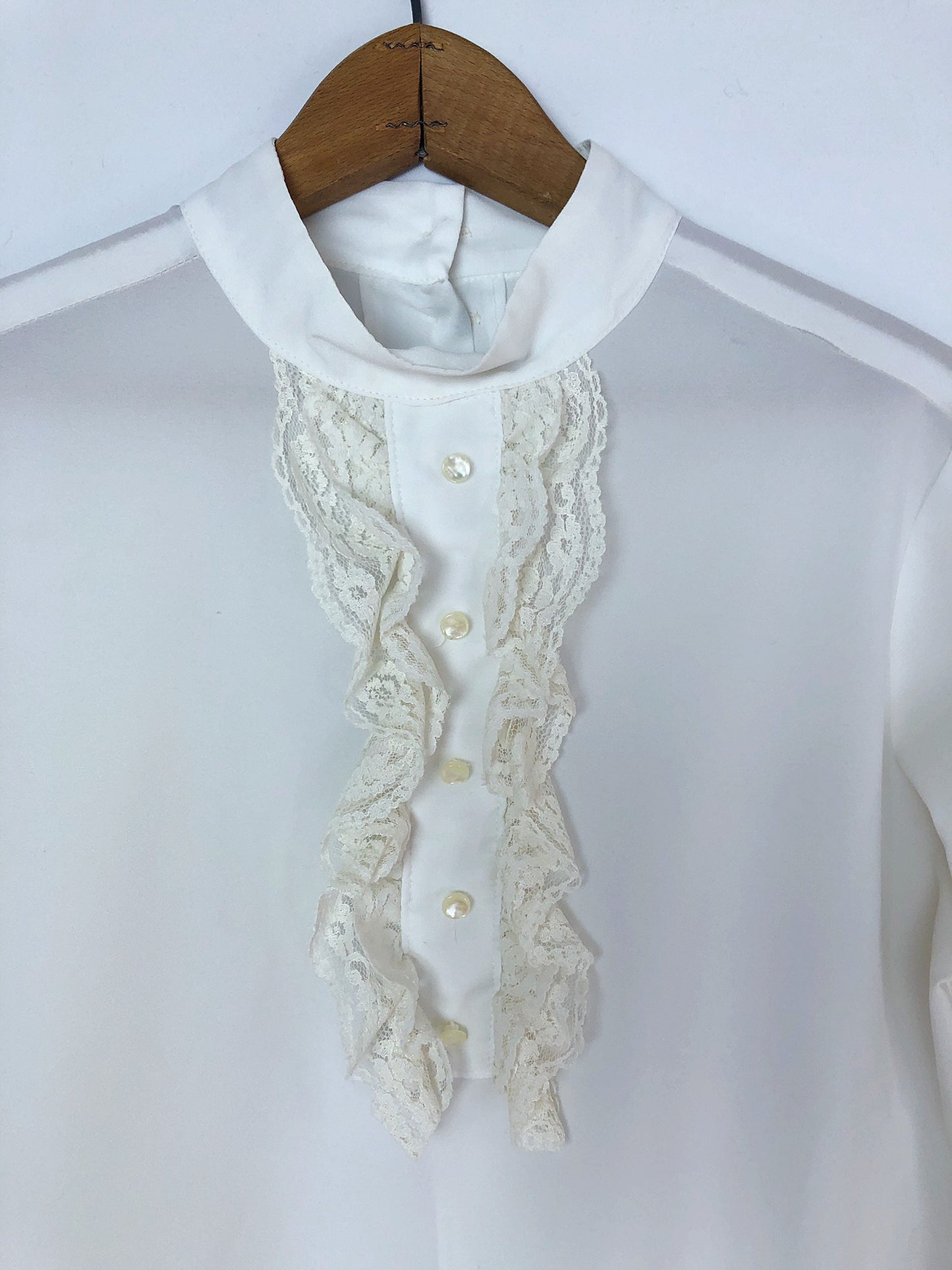 Vintage 50’s White Lace Delicate Silk Ruffle Button Up Blouse Size M