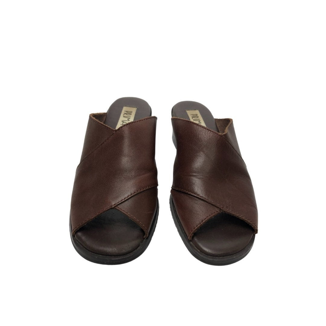 Wms Vintage 90’s Brown Leather Criss-Cross Cutout Mule Sandals Size 7.5