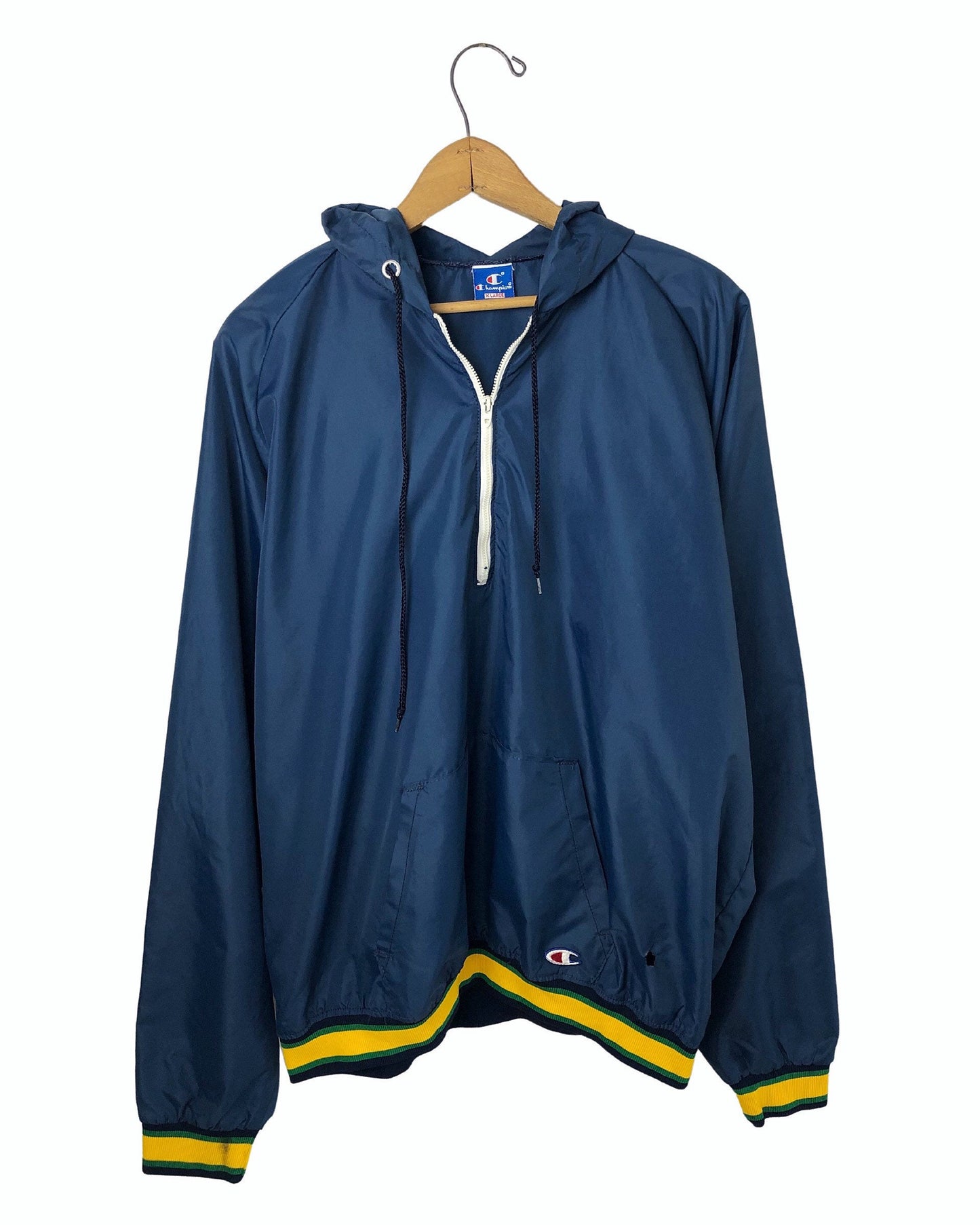 Vintage 90’s NOTRE DAME Fighting Irish CHAMPION 100% Nylon 1/4 Hooded Windbreaker Jacket Size X-Large