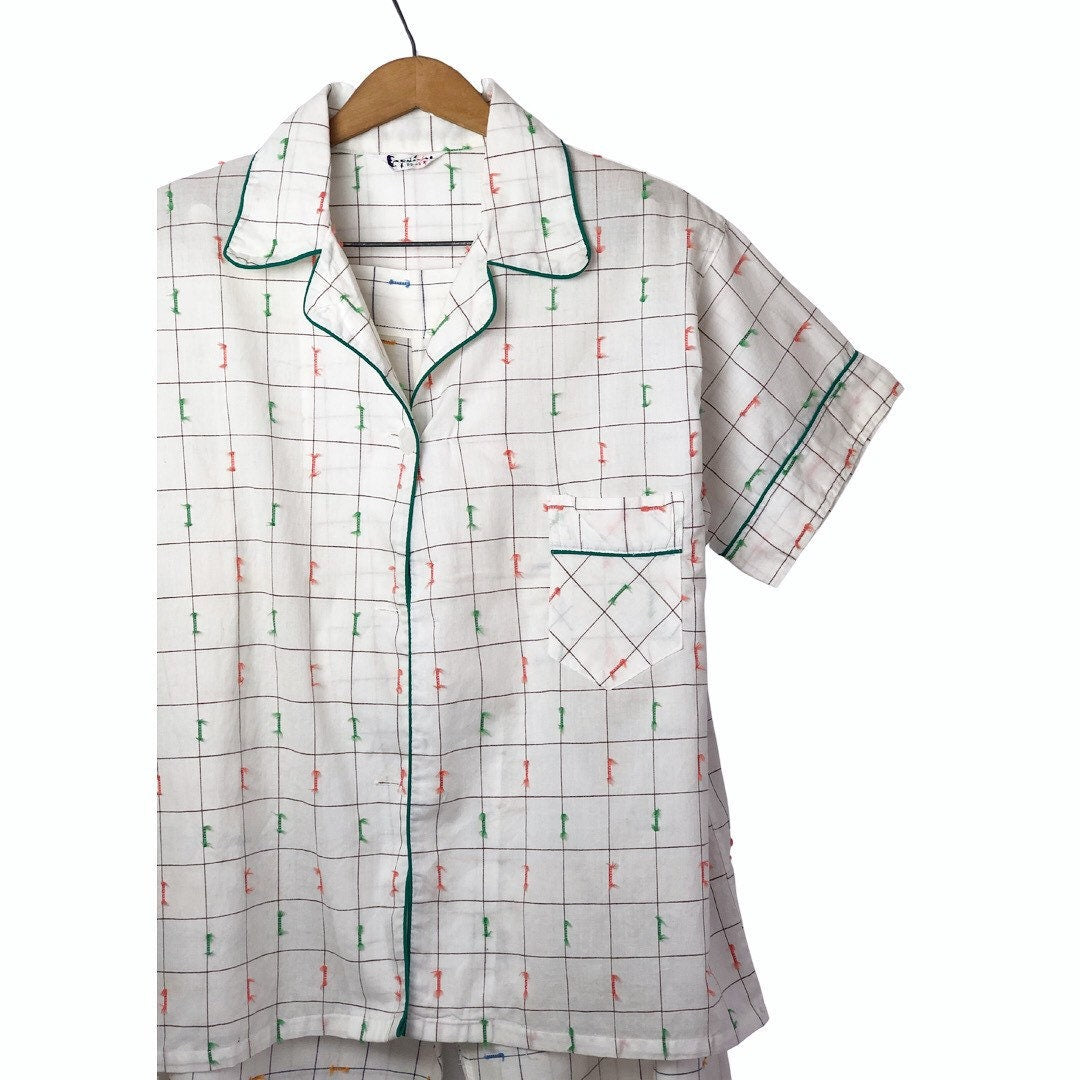 Vintage 50’s CARNIVAL Retro ARROW Checkerboard Cotton Set of Sleep Shirt & Pants Pajama Set Size Small