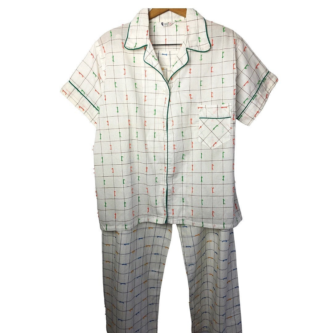Vintage 50’s CARNIVAL Retro ARROW Checkerboard Cotton Set of Sleep Shirt & Pants Pajama Set Size Small