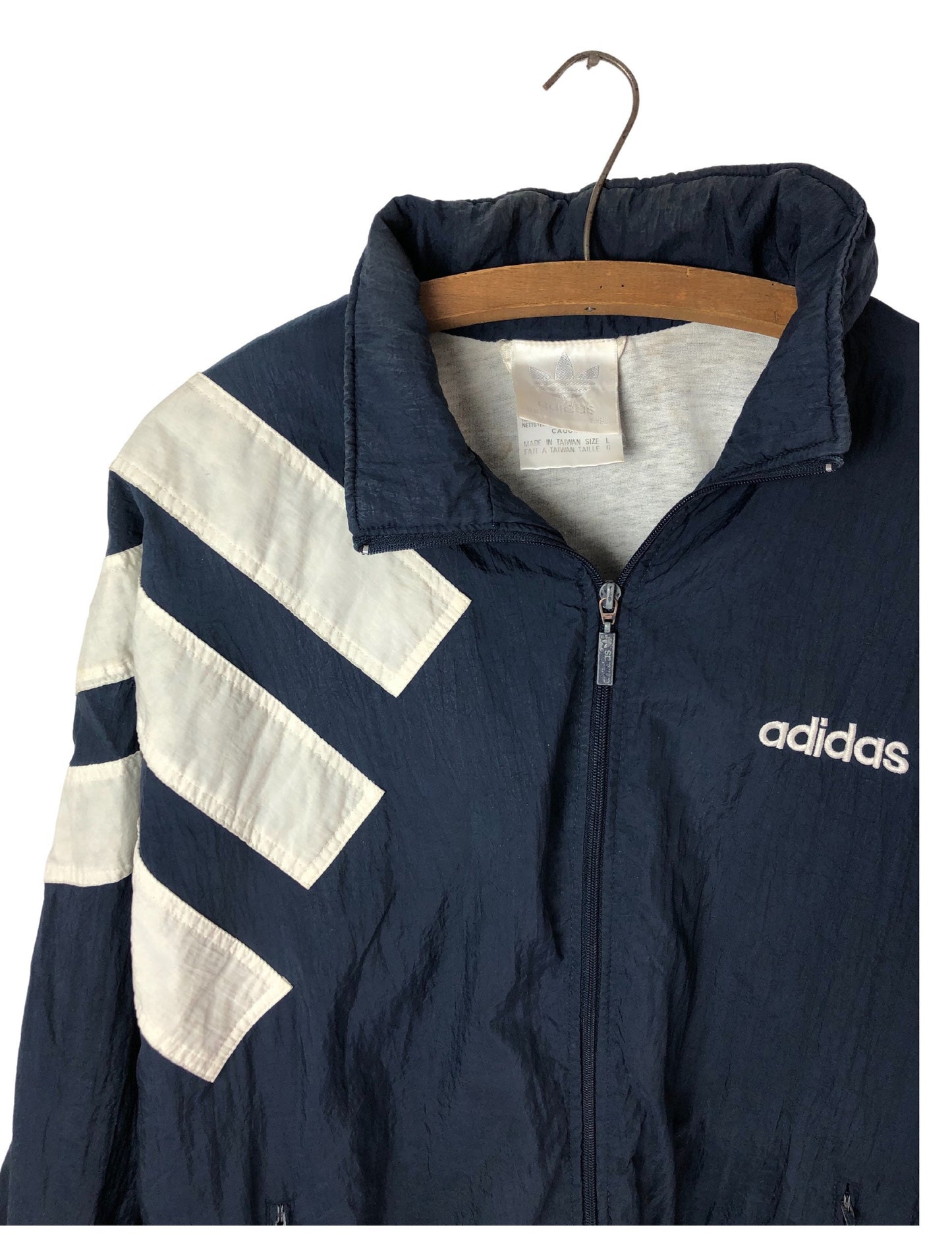 90's ADIDAS Logo Trefoil Athletic Zip Up 100% Nylon Hooded Windbreaker Jacket Size Large