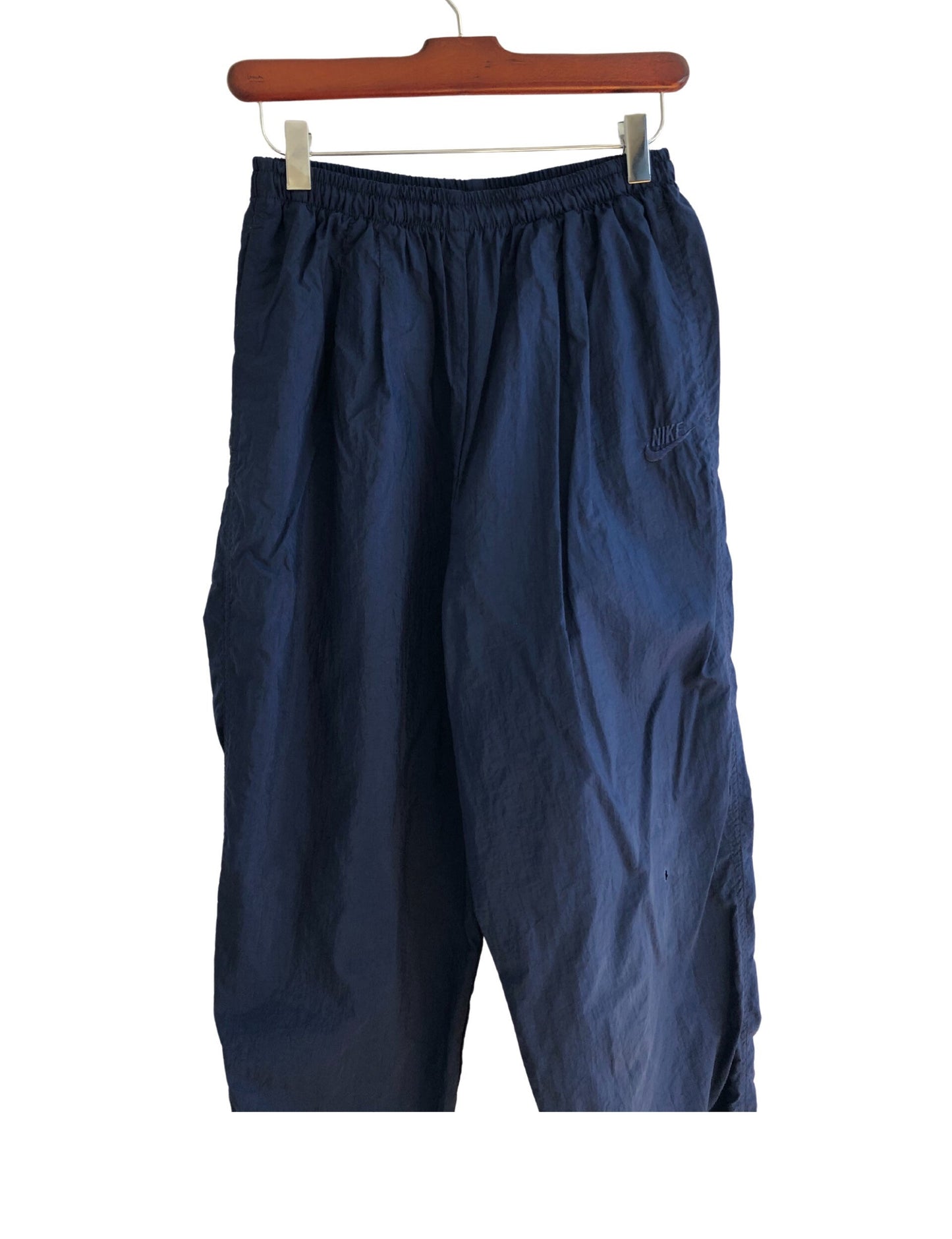 90’s NIKE Swoosh Navy Blue Nylon Athletic Track Ankle Zip Jogger Pants Size Large