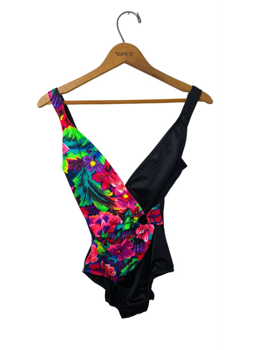 Vintage 90’s Janzten Neon Floral & Black Circle Ring Soft Cup Tummy Conceal One Piece Swimsuit Size 10