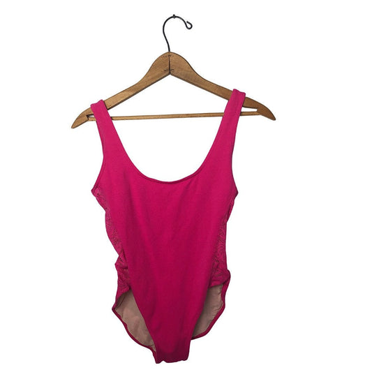 90’s Hot Pink Lace Panel Cotton Bodysuit Leotard Size Medium