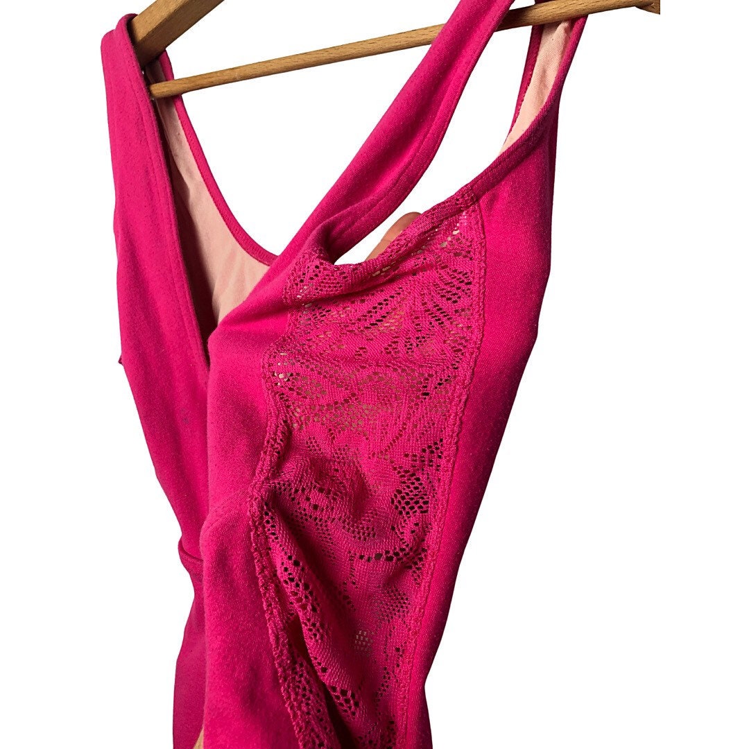 90’s Hot Pink Lace Panel Cotton Bodysuit Leotard Size Medium