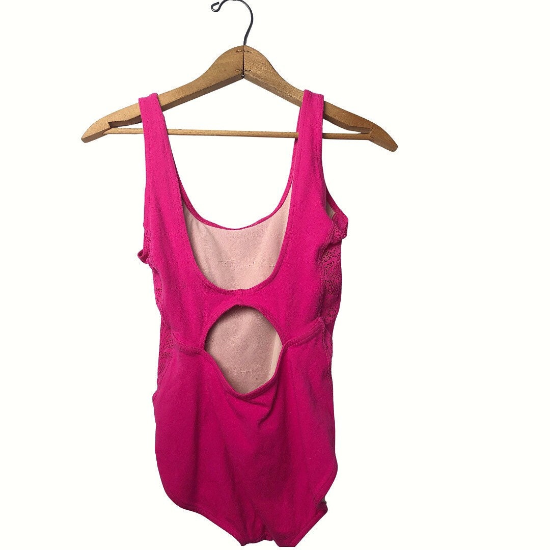 90’s Hot Pink Lace Panel Cotton Bodysuit Leotard Size Medium