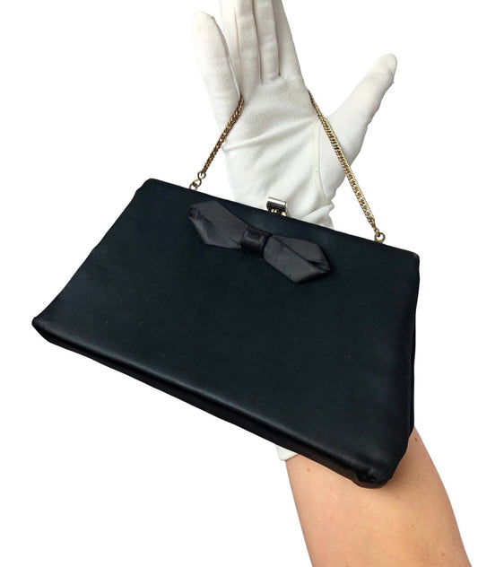Vintage 60’s Black Bow Gold Chain Envelope Bag