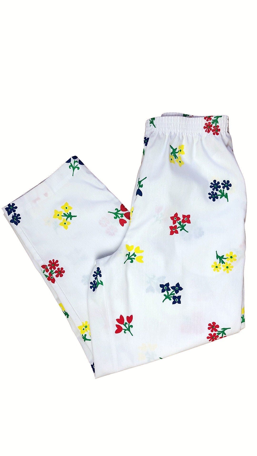 90’s White Rainbow Bouquet Floral Crisp Cotton Ankle Pants with Pockets Size Medium