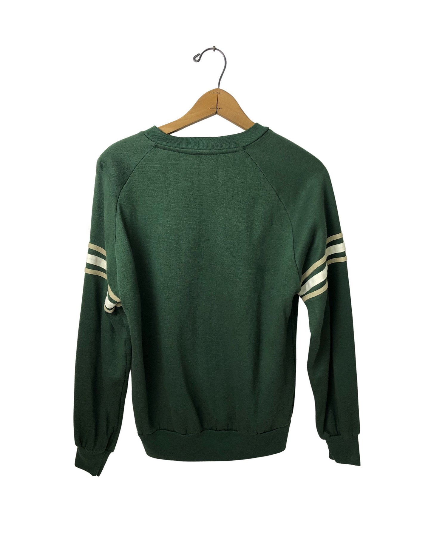 80’s Sun Spots Plain Green V-Neck Striped Retro Raglan Sweatshirt Pullover Size Medium