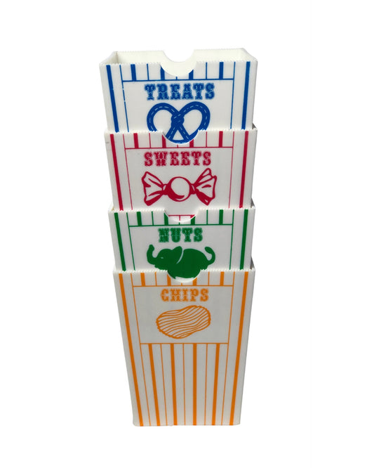 1960’s Set of 4 CIRCUS Nuts, Treats, Sweets, Chips Plastic Popcorn Snack Containers