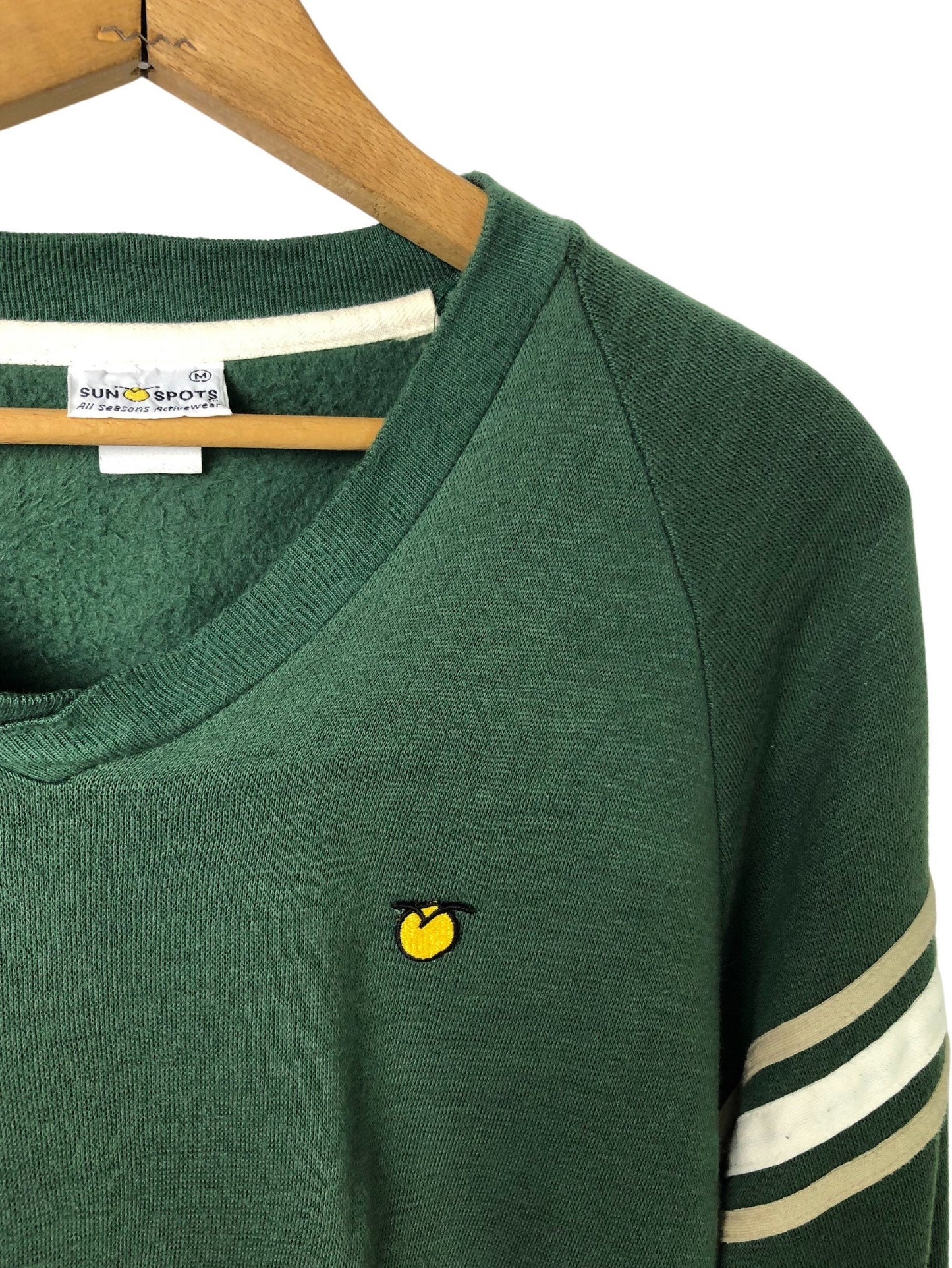 80’s Sun Spots Plain Green V-Neck Striped Retro Raglan Sweatshirt Pullover Size Medium