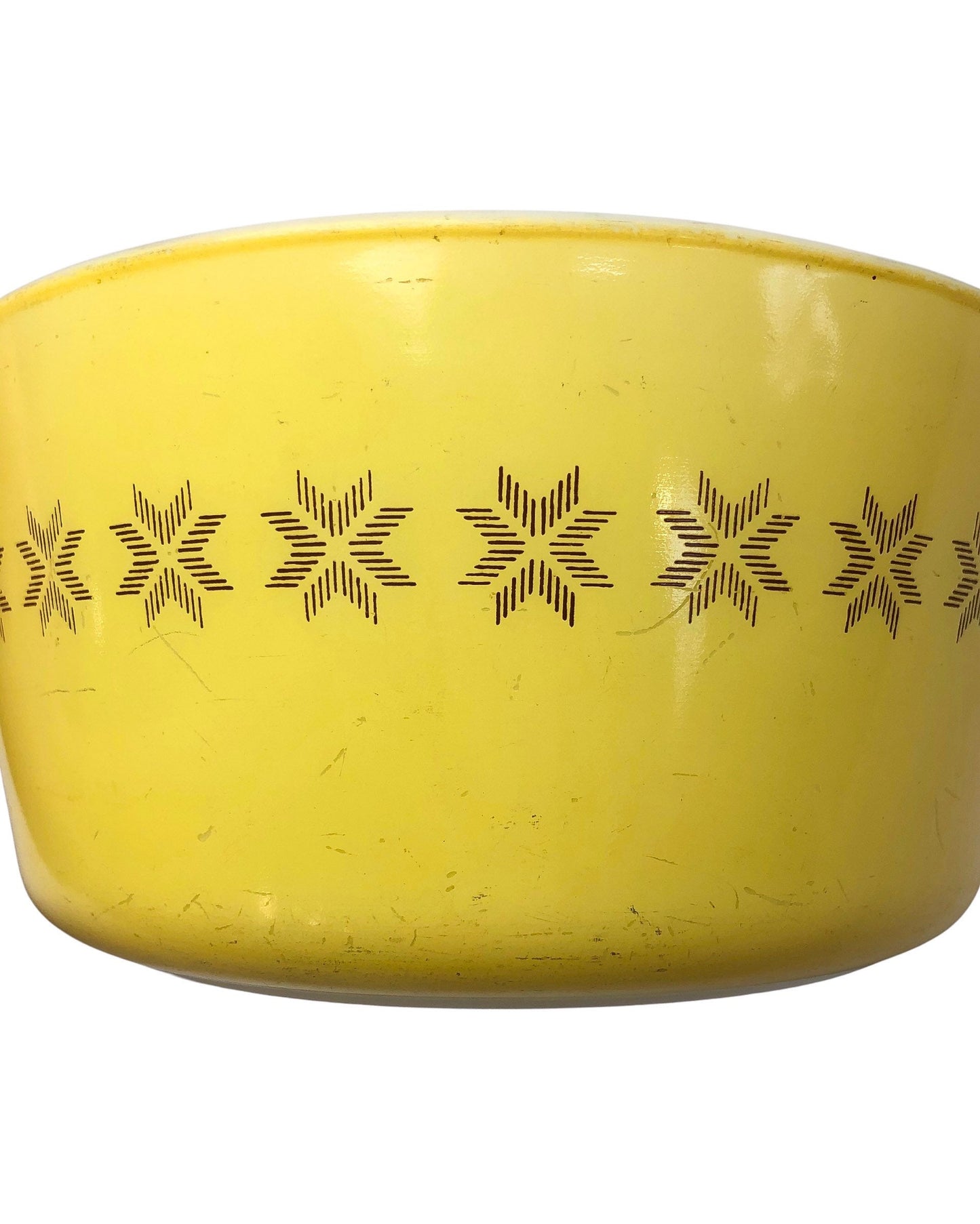 60’s Pyrex Town & Country Cross Stitch Yellow Snowflake Star Pattern 2 Quart Casserole  Dish