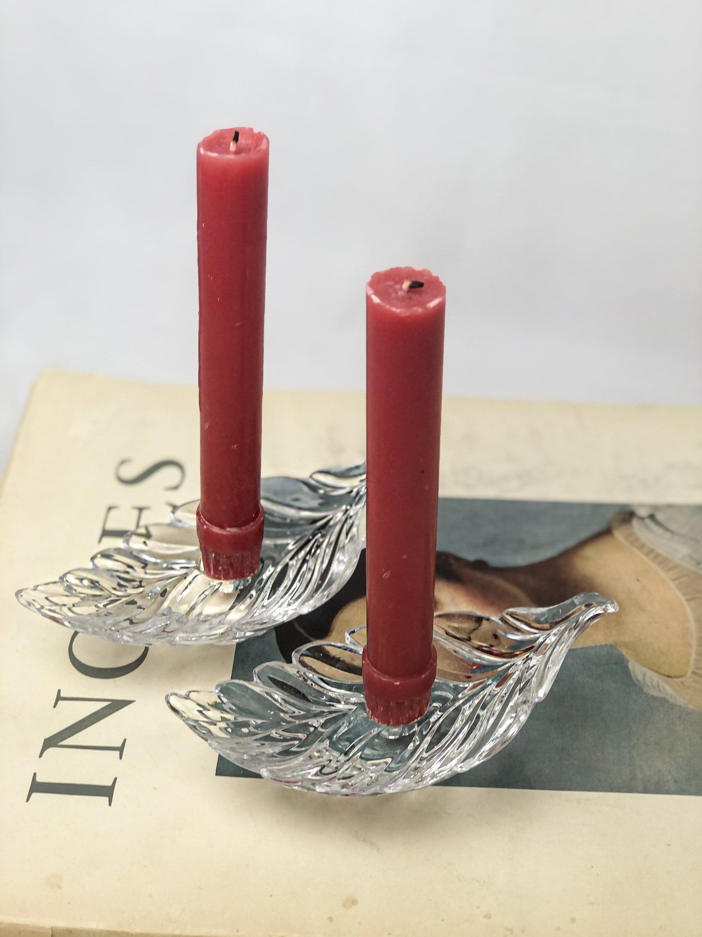Vintage 80’s Crystal Leaf Candlestick Taper Candle Holders Set of 2