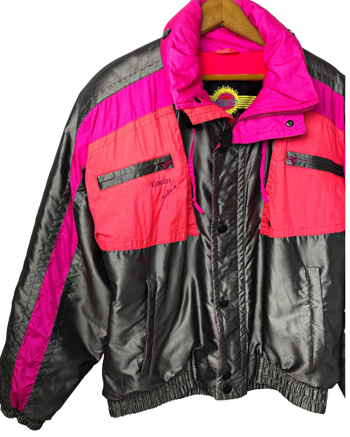 80’s Kaelin Solar Neon Pink Metallic Silver Ski Puffer Jacket Size Large