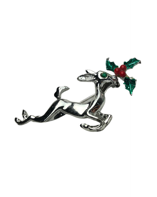 Vintage 90’s Silver Reindeer Mistletoe Brooch Pin