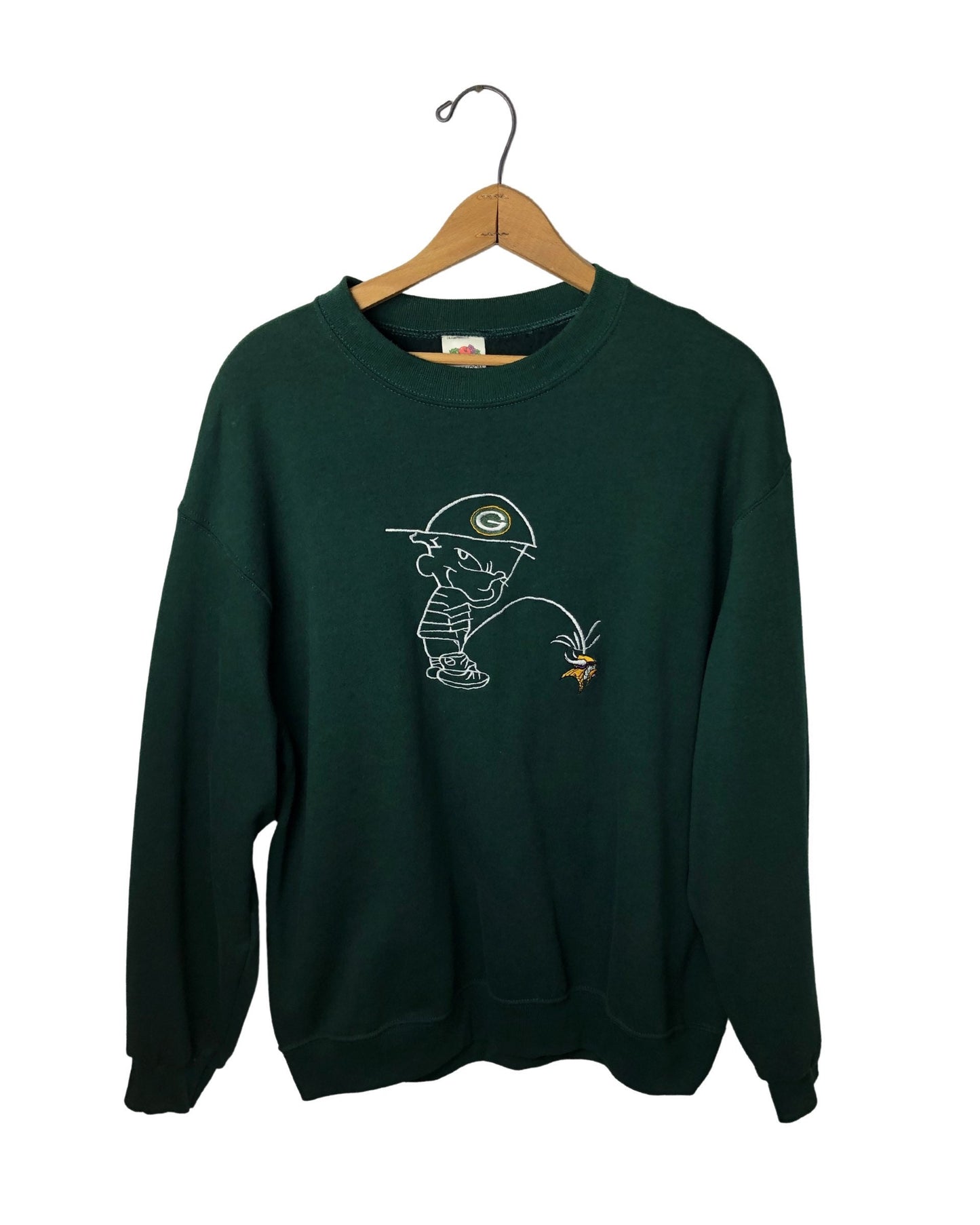 90’s Green Bay Packers Calvin Peeing Vikings Fruit of the Loom Embroidered Sweatshirt Size Large