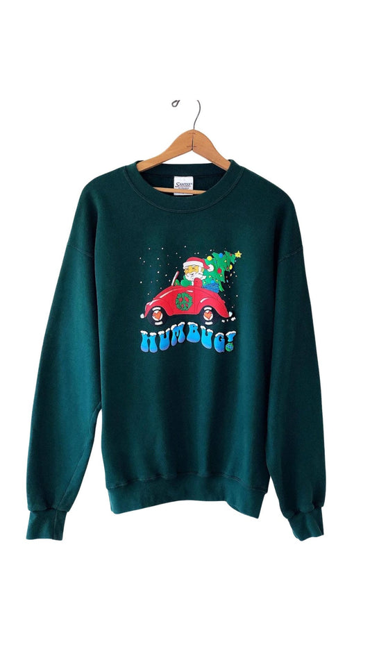 Vintage 90's HUMBUG Bah Humbug Volkswagen Bug HIPPIE Peace SANTA Stoner Ugly Christmas Holiday 50/50 Sweatshirt Size Large