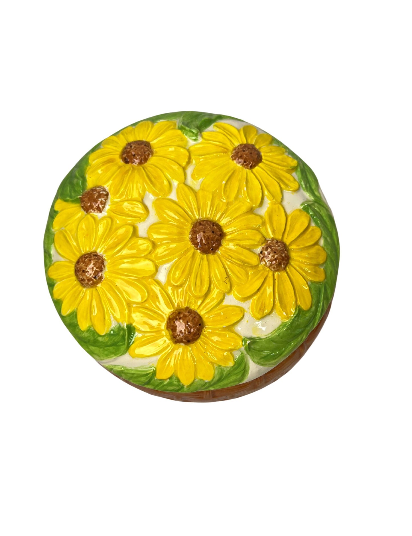 80’s Yellow Daisy Basket Ceramic Catchall Jewelry Dish with Lid