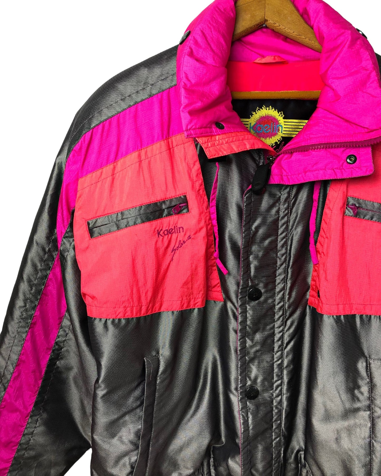 80’s Kaelin Solar Neon Pink Metallic Silver Ski Puffer Jacket Size Large
