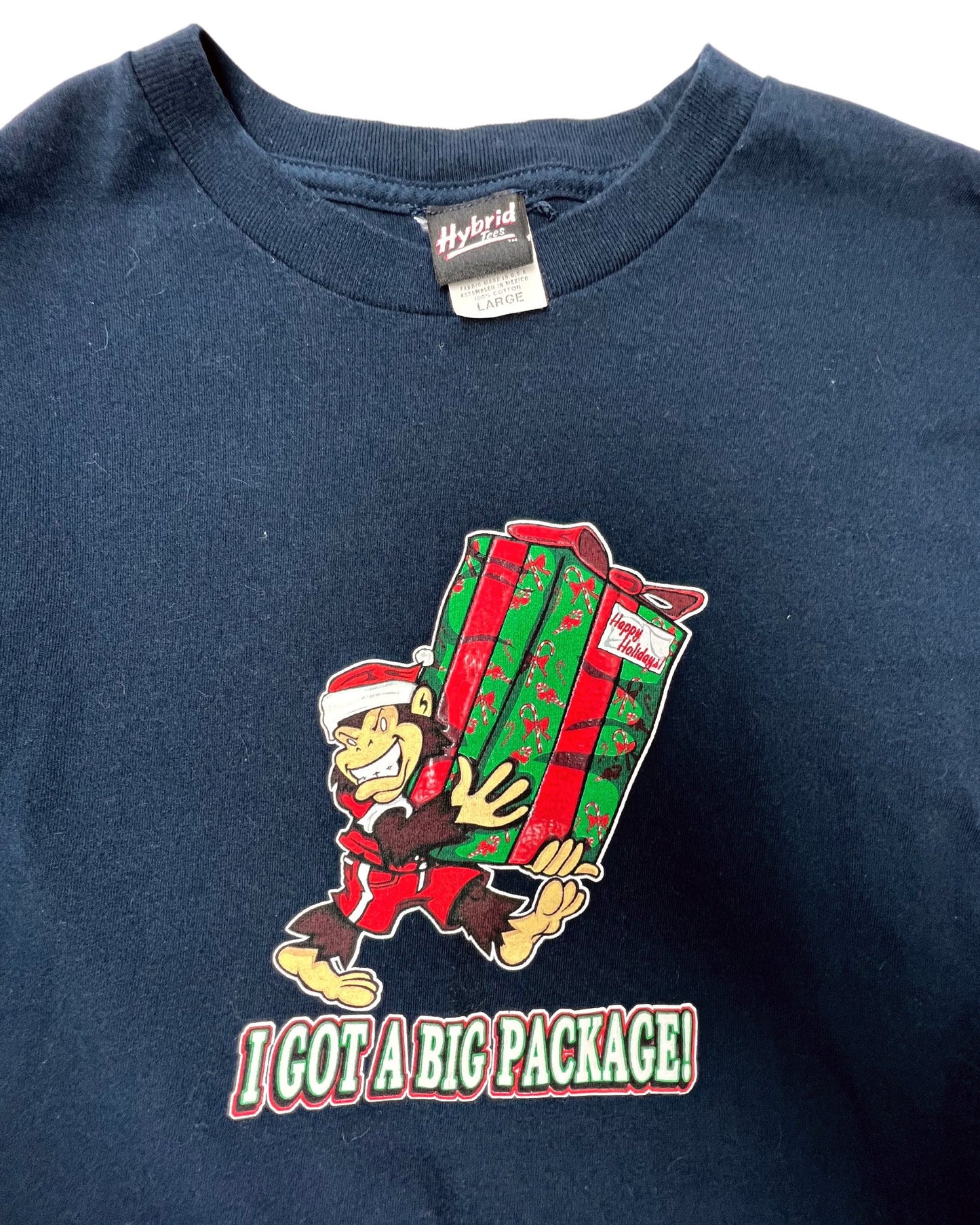 Vintage 00’s Y2K I Got A Big Package Funny Monkey Santa Happy Holidays Hybrid T-shirt Size Medium