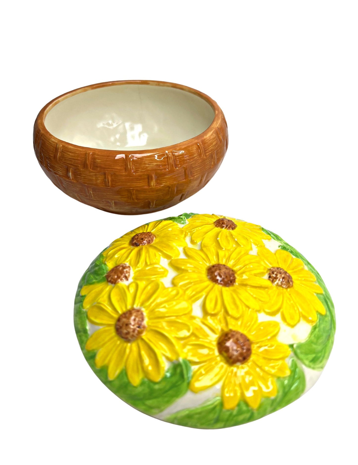 80’s Yellow Daisy Basket Ceramic Catchall Jewelry Dish with Lid