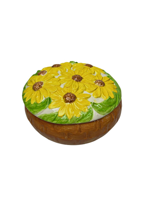 80’s Yellow Daisy Basket Ceramic Catchall Jewelry Dish with Lid