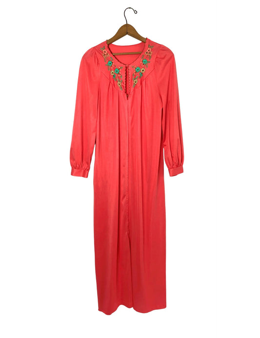 60’s Gorgeous Coral Floral Gossard Artemis Zip Front Maxi Housecoat Nightgown with Pockets