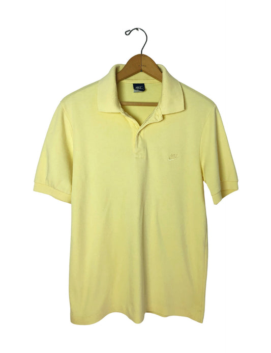 Vintage 80’s NIKE Swoosh Logo Blue Label Butter Yellow Cotton Henley Polo Size Small