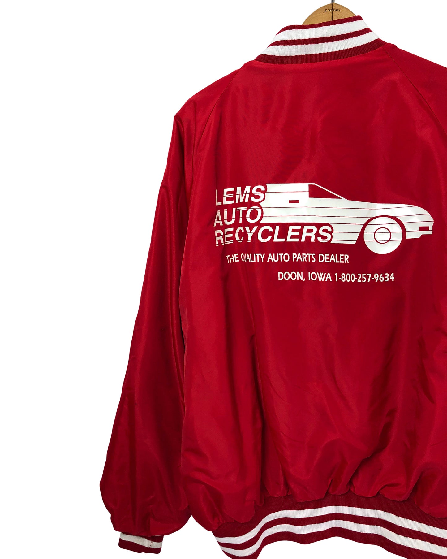 Vintage 80’s Lem’s Auto Car Recyclers Doon, Iowa Satin Dunbrooke Bomber Jacket