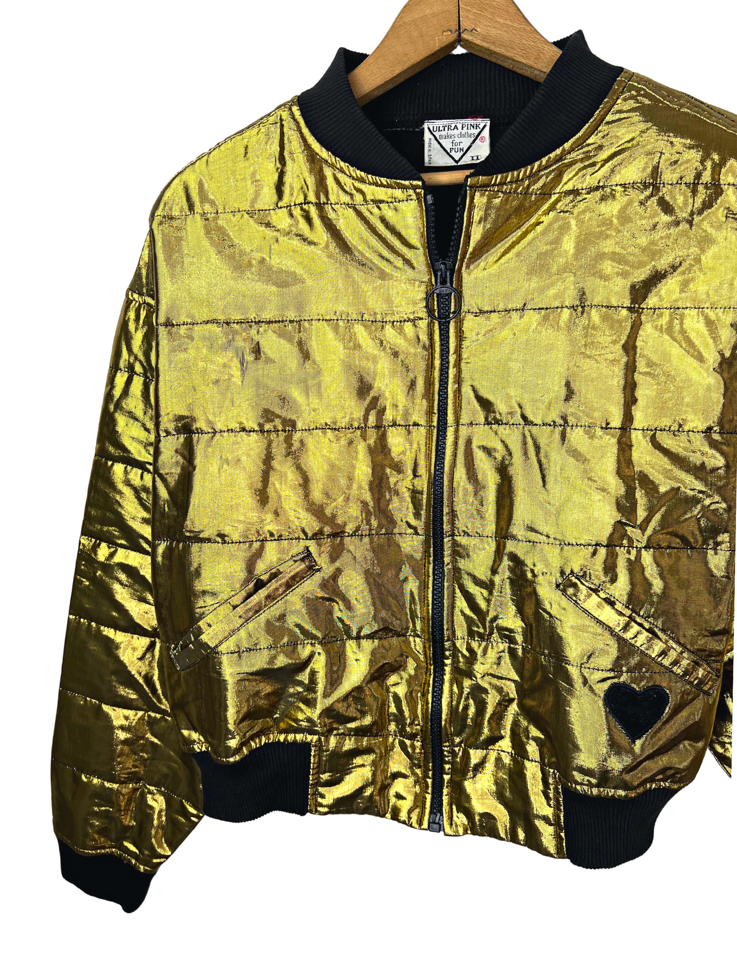 Vintage 80’s Question Mark ? Quilted Gold Cropped Bomber Jacket