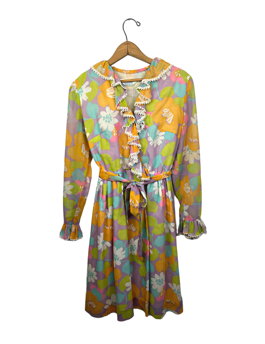 1960’s Carol Brent Montgomery Ward Frilly Hippie Floral Belted Shirt Dress