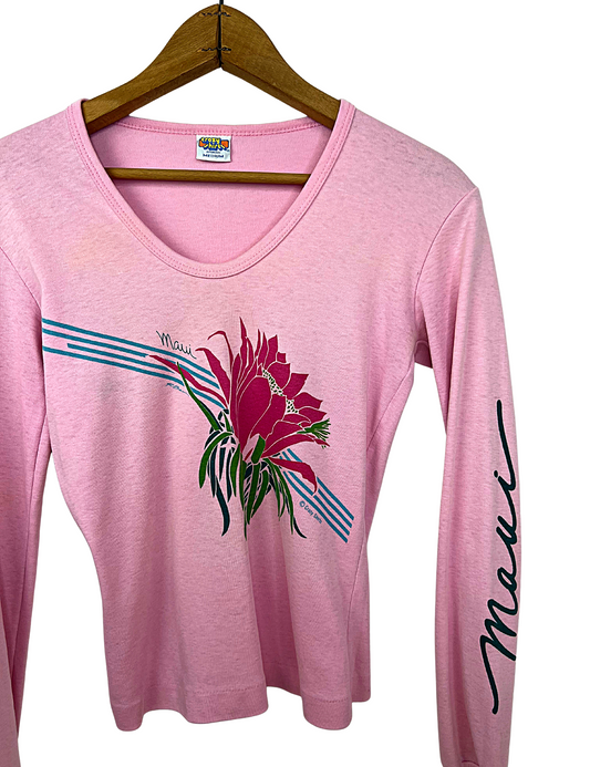 70’s MAUI Hawaii Retro Hibiscus Baby Pink 100% Cotton Spell Out Long Sleeve Tee
