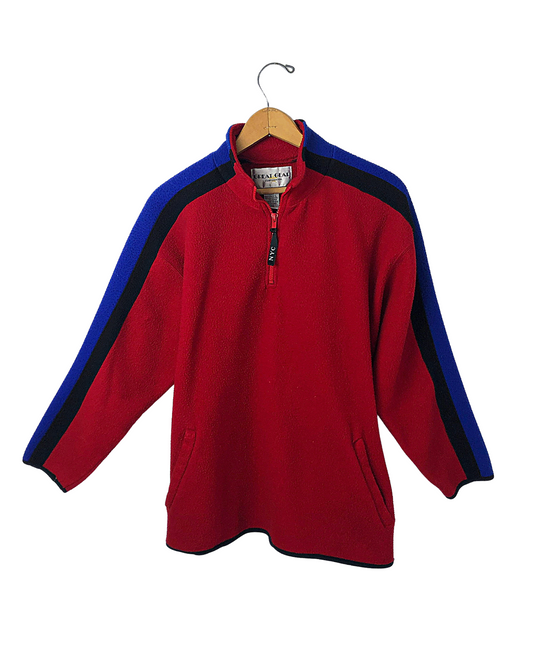 Vintage 90’s Red Color Block Stripe Cozy Fleece 1/4 Zip NYC Pullover Fleece with Pockets Size Medium
