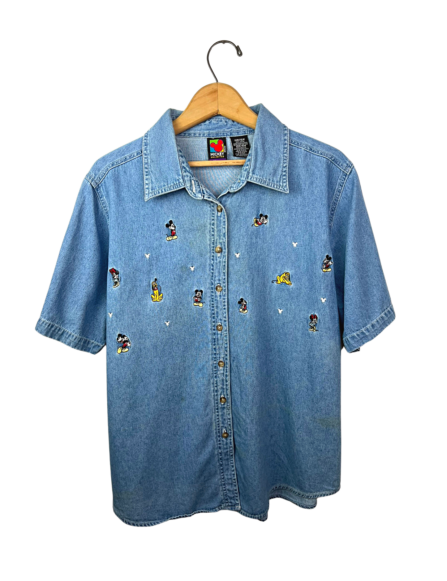 90’s Mickey + Minnie Mouse Pluto Disney Embroidered Denim Buttonup Size 14/16