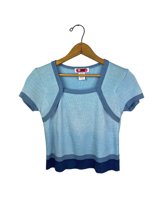 90’s Blue Ombré Attached Shrug Fitted Knit Crop Babydoll Tee